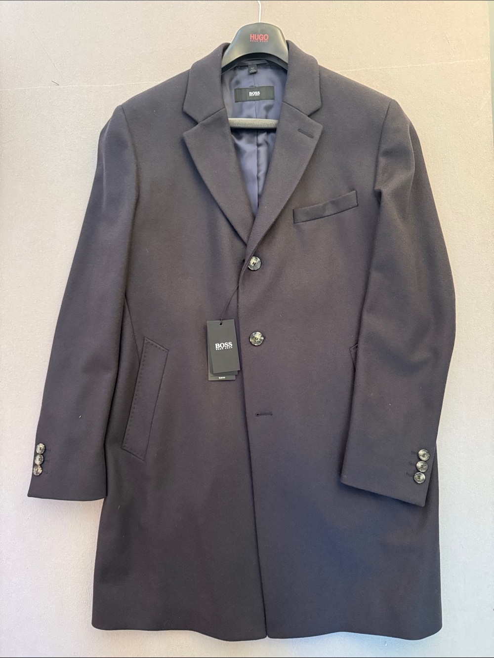 BOSS Hugo Boss Nye2 Slim Fit Coat Dark Blue NWT 46R Wool Blens